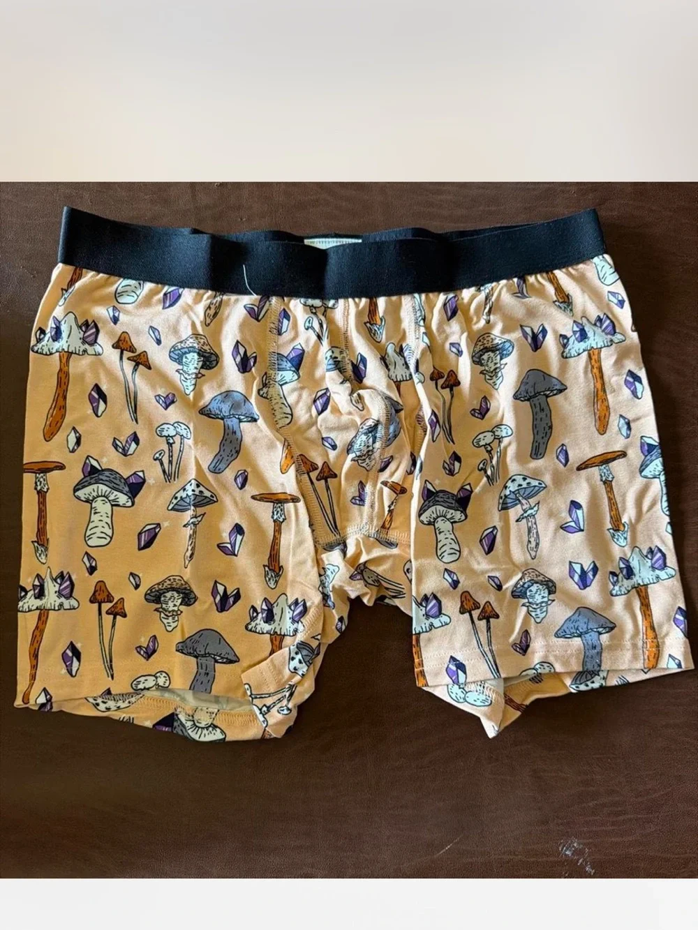 Men's Tan Mushroom-Print Boxer Briefs with Black Waistband